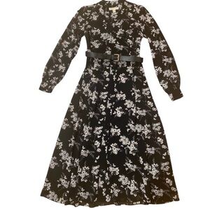 Michael Kors Black and White Floral Belted Midi Shirtdress - Size Small
